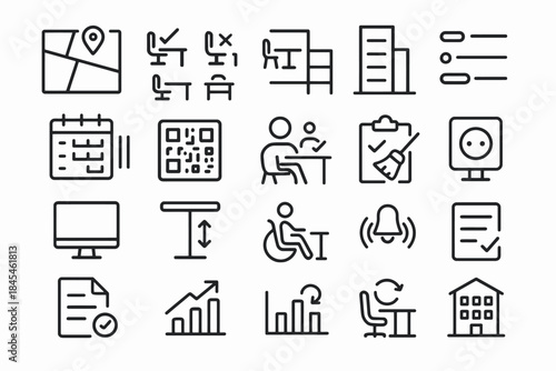 Set of office icons including desks, buildings, employees, and accessibility symbols