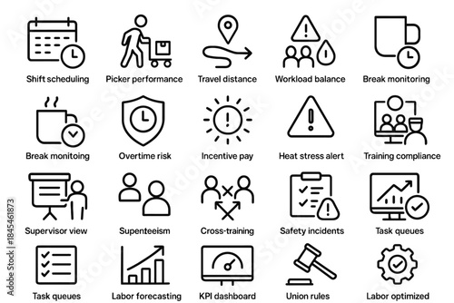 Icons illustrating workplace performance and efficiency metrics