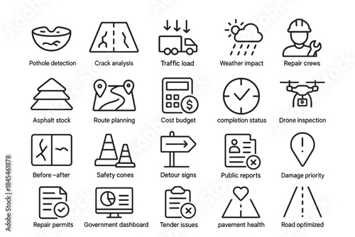 Infrastructure maintenance icons: road safety, weather impact, repair crews, traffic management