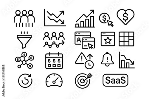 Business metrics and analytics icons set for saas and marketing strategies