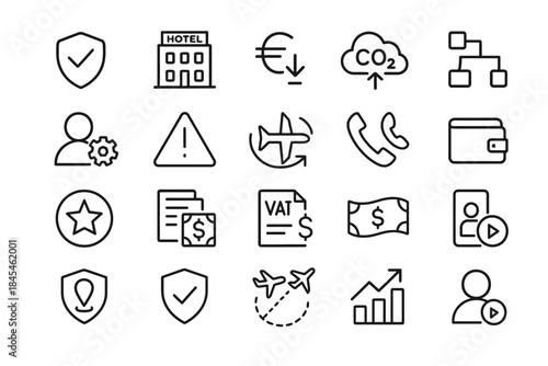 Line icons set: travel, finance, technology, communication, and security symbols