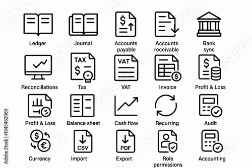 Financial icons set: ledger, accounts, tax, audit, currency, import, pdf, bank, invoice