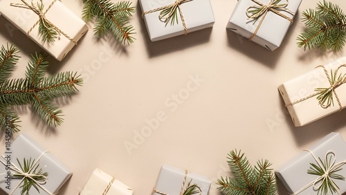 Minimal Christmas Gift Flat Lay with Fir Branches on Beige Background