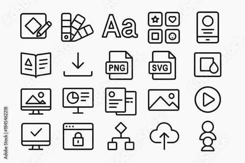 Minimalist icon set featuring design, file formats, and user interface elements