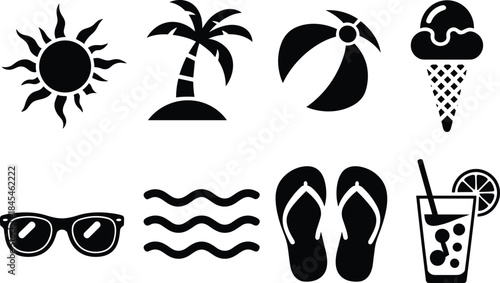 Summer vacation vector icons collection, beach holiday symbols including sun, palm tree, flip flops, sunglasses, ice cream, and tropical drink illustration
