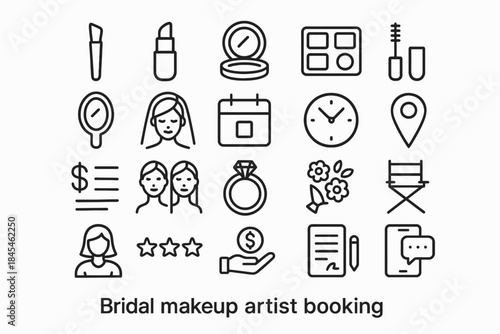 Bridal makeup artist booking icons: tools, calendar, mirror, ring, chat