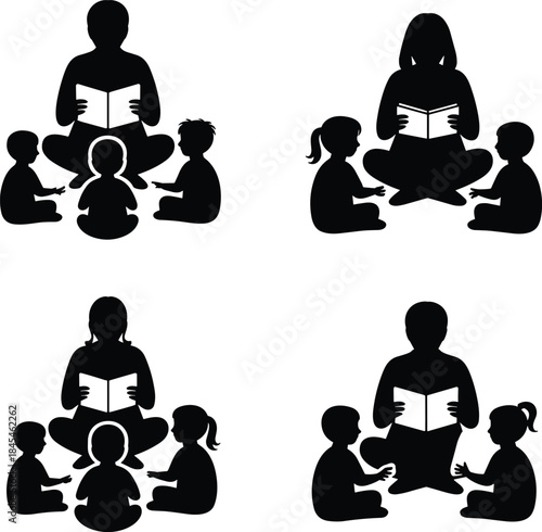 Teacher reading book to children vector illustration, group learning silhouette, kids education concept, storytelling classroom design, early childhood learning vector art