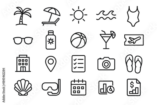 Summer vacation icon set: beach, travel, and leisure symbols