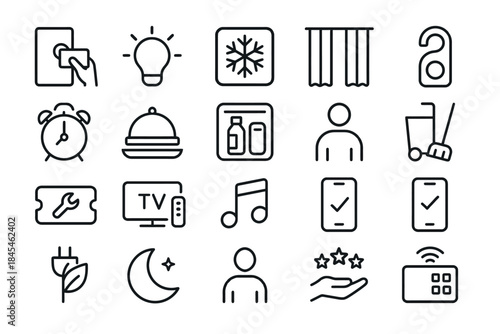 Collection of hotel and hospitality line icons for amenities and services