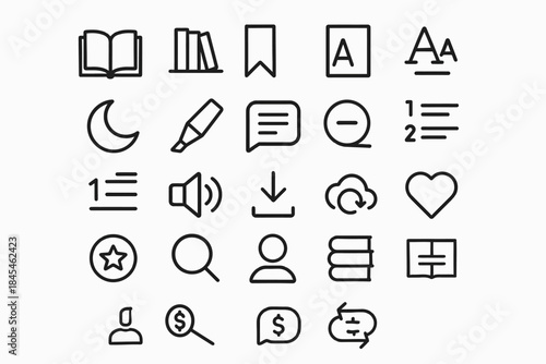 Minimalist icon set featuring books, communication, nature, and technology symbols