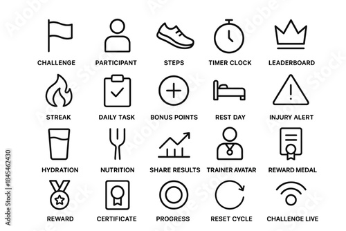 Fitness icons set: exercise, goals, nutrition, and rewards for a healthy lifestyle