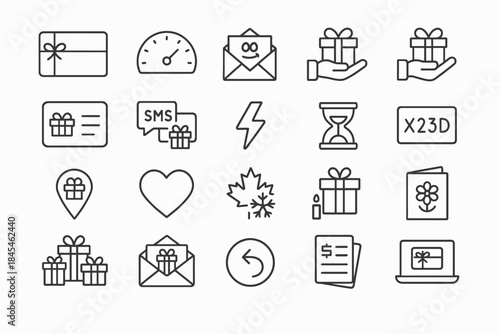 Gift and communication icons: presents, messages, timer, location, and more