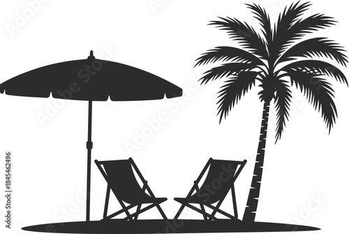 Tropical beach silhouette with palm tree, umbrella, and deck chairs vector illustration representing summer vacation, relaxation, travel, and holiday concept design