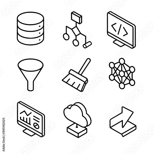 Outline icons set: database, algorithms, coding, data analysis, cloud storage