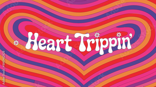 Vibrant heart shaped wavy lines in pink, orange, and purple hues with white text and flowers, forming a colorful gradient background