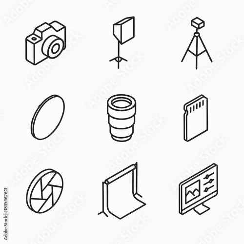 Outline icons of photography equipment: camera, lens, tripod, softbox, reflector, backdrop, filter, memory card, editing software