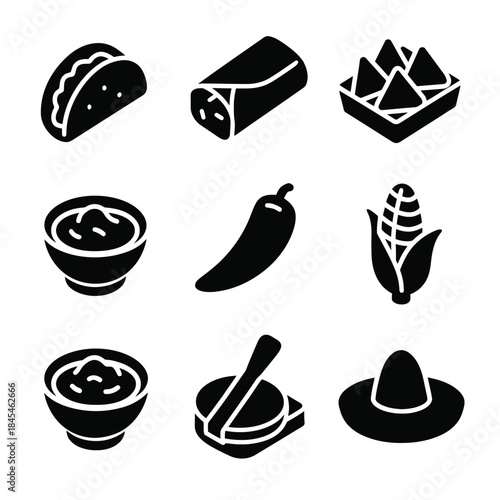 Mexican cuisine icons: taco, burrito, nachos, salsa, chili, corn, tortilla, sombrero