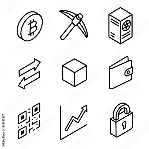 Cryptocurrency mining and security icons including bitcoin and blockchain elements