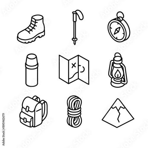 Outdoor adventure icons: hiking, backpack, compass, lantern, mountain, boot, thermos, map, rope, trekking pole