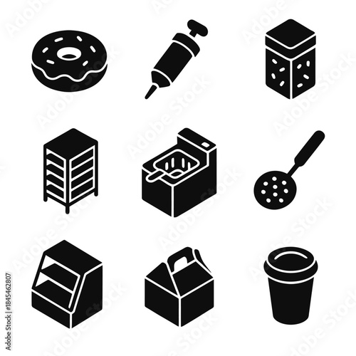 Bakery and kitchen equipment icons: donut, syringe, spices, rack, fryer, skimmer, display, box, cup