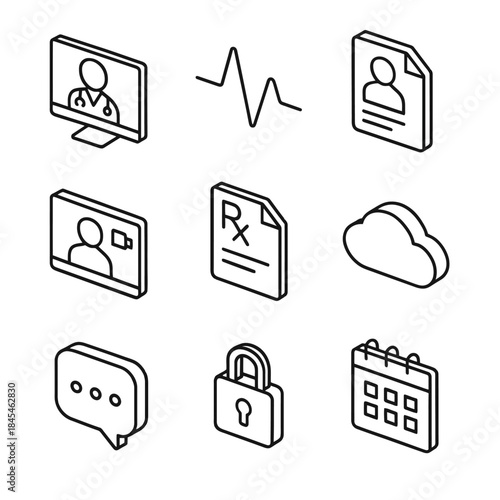 Healthcare technology icons: telehealth, medical records, prescription, cloud, communication, security