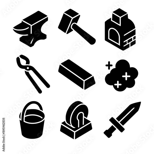 Blacksmithing tools icons: anvil, hammer, forge, tongs, metal bar, and more