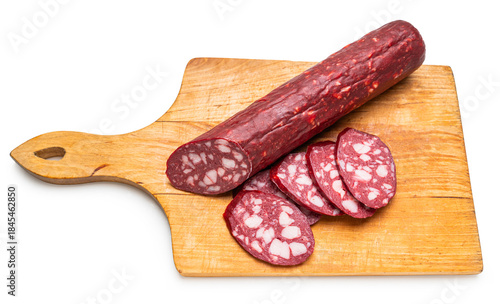 smoked sausages close-up on a white isolated background