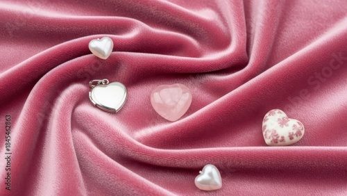 Elegant pink satin fabric with heartshaped decorations