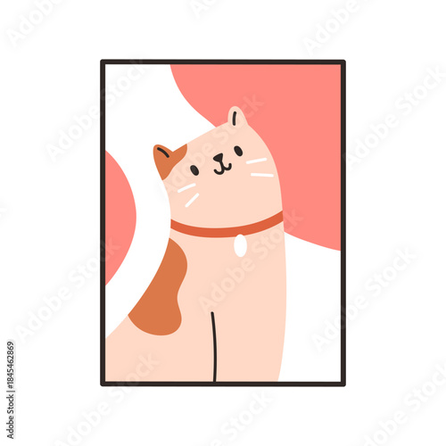 Cute cat portrait, framed poster, picture. Adorable feline animal, pet with collar and whiskers, wall art. Funny kawaii kitty, home interior decor, photo, photograph. Flat vector illustration.