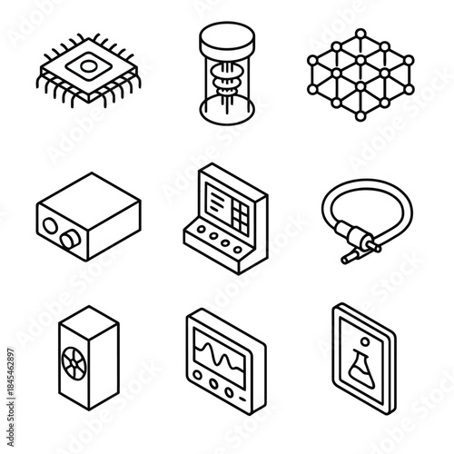 Set of electronics icons: microchip, quantum computer, network, cable, speaker, monitor, lab beaker