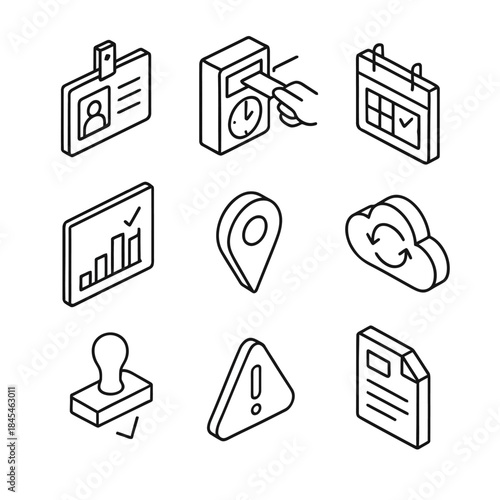 Isometric office icons: id badge, clock, calendar, graph, location, cloud, stamp, alert, document