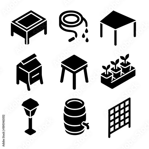 Icon set: gardening tools and equipment in black and white