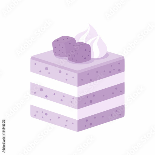 Delicious and sweet purple layer cake slice with whipped cream and fruit topping, a delectable dessert for celebrations and sweet cravings, presented as a charming illustration