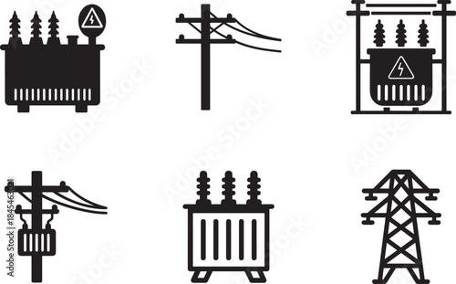 Black and white silhouette icon set of electrical transformer and power line tower.