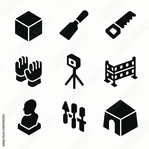 Set of construction and architecture icons: tools, equipment, and structures