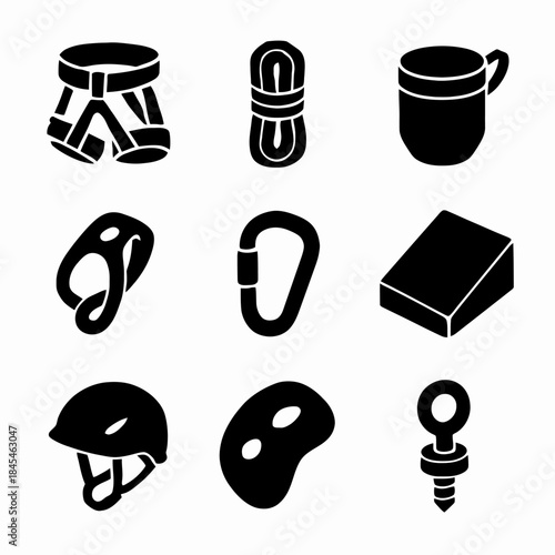 Silhouette icons of climbing gear: harness, rope, mug, and more