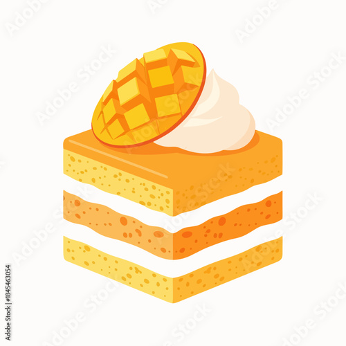 Delicious Mango Cake Slice with Cream and Fresh Mango Topping - Sweet Dessert Illustration