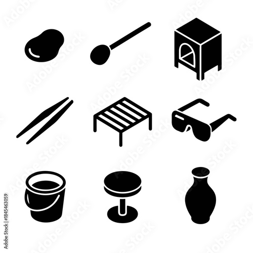 Collection of nine simple black icons including spoon and sunglasses