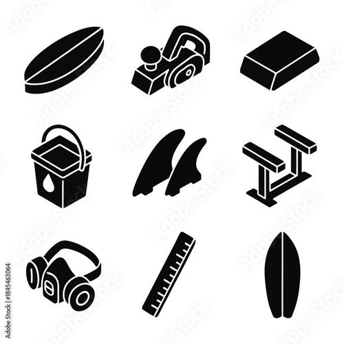 Set of nine black surfboard and carpentry icons