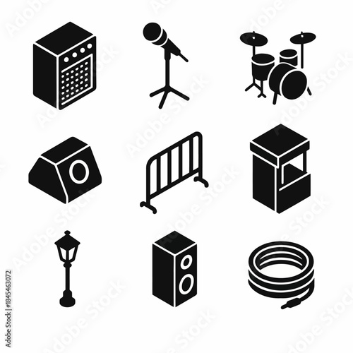 Music equipment icons: amplifier, microphone, drums, speaker, and more