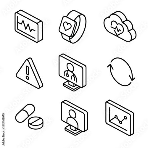 Healthcare technology icons: heart rate, cloud, alert, telemedicine, data charts