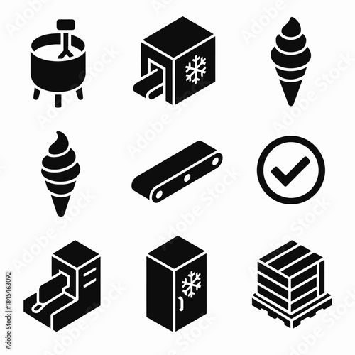 Ice cream production icons set featuring machines and frozen desserts