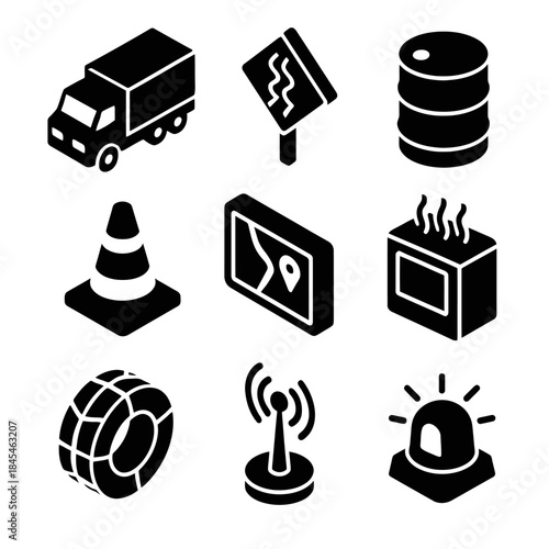Silhouette icons: truck, road sign, barrel, cone, gps, microwave, tire, antenna, siren