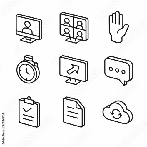 Outline icons set: video, chat, sync, hand, clock, document, arrow, checklist