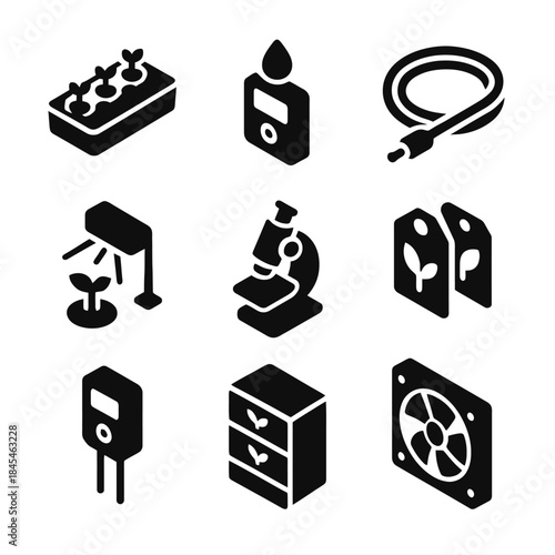 Black icons of hydroponic equipment including grow light and microscope