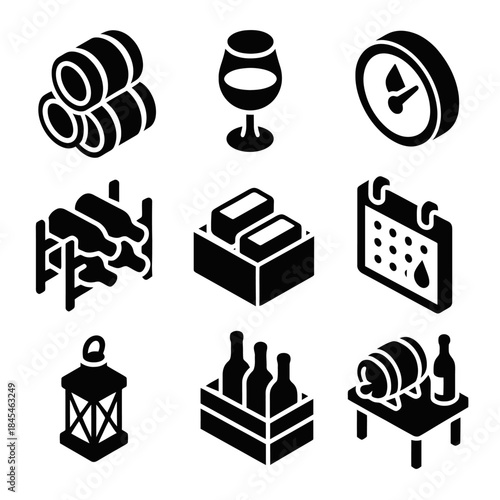 Icon set depicting wine barrels, production, and storage elements
