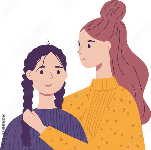 Illustration of a loving mother with braided hair hugging her smiling daughter wearing cozy sweaters on white background
