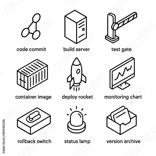Software development icons set: server, rocket, chart, switch, lamp, archive