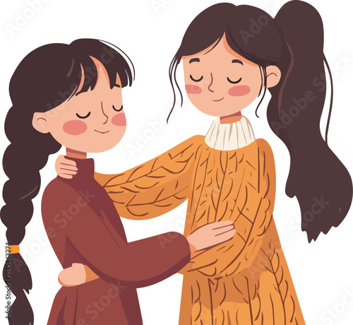 Two young women friends hugging warmly wearing cozy autumn sweaters illustration for sisterhood and affection concept