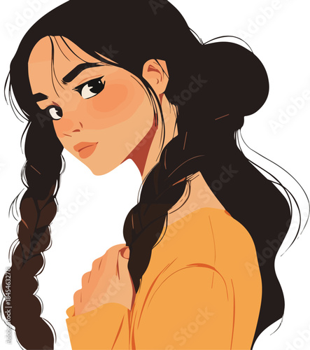 Illustration of shy young woman with long dark braids wearing yellow top looking curiously with blush on cheeks isolated on white background